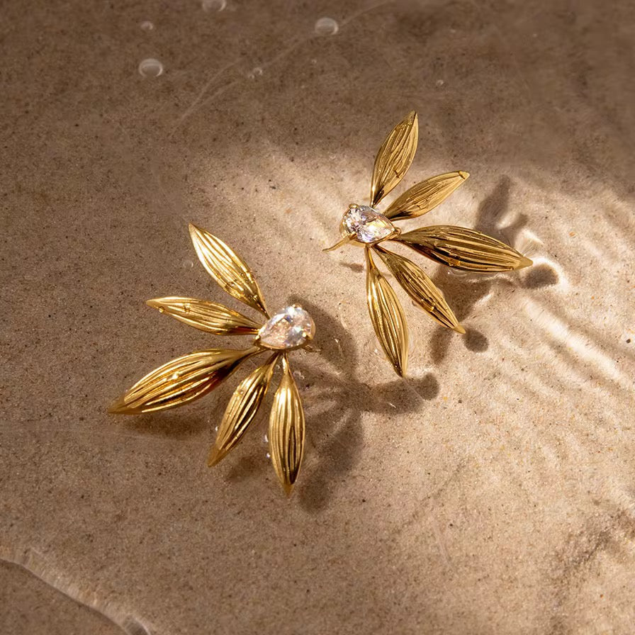 Leaf Drop Earrings – 18K Gold | Elegant & Waterproof
